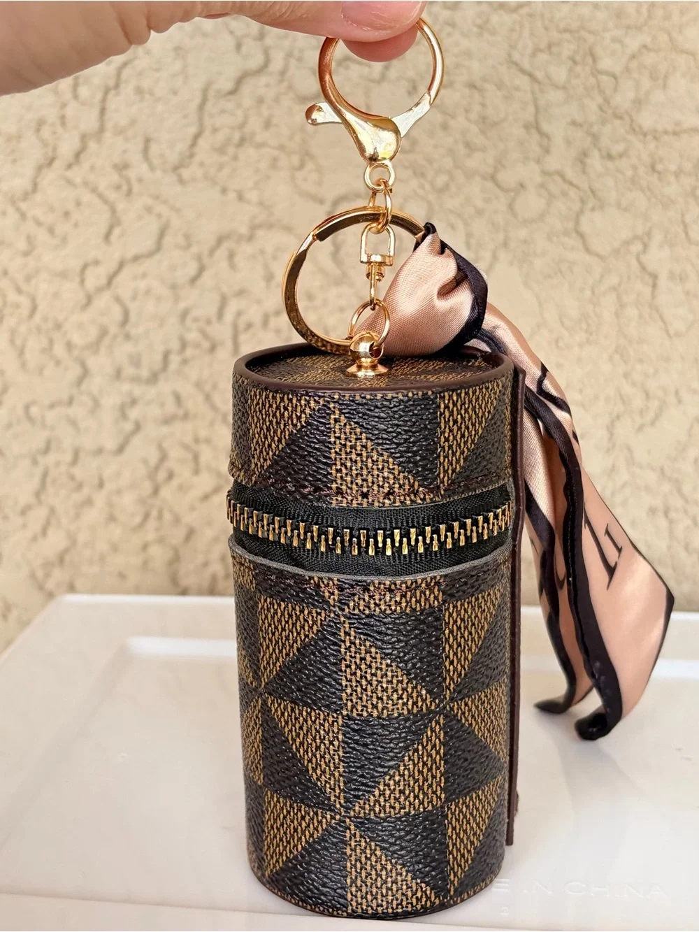 Brown Geometric Cylinder Keychain Pouch with Scarf Accent